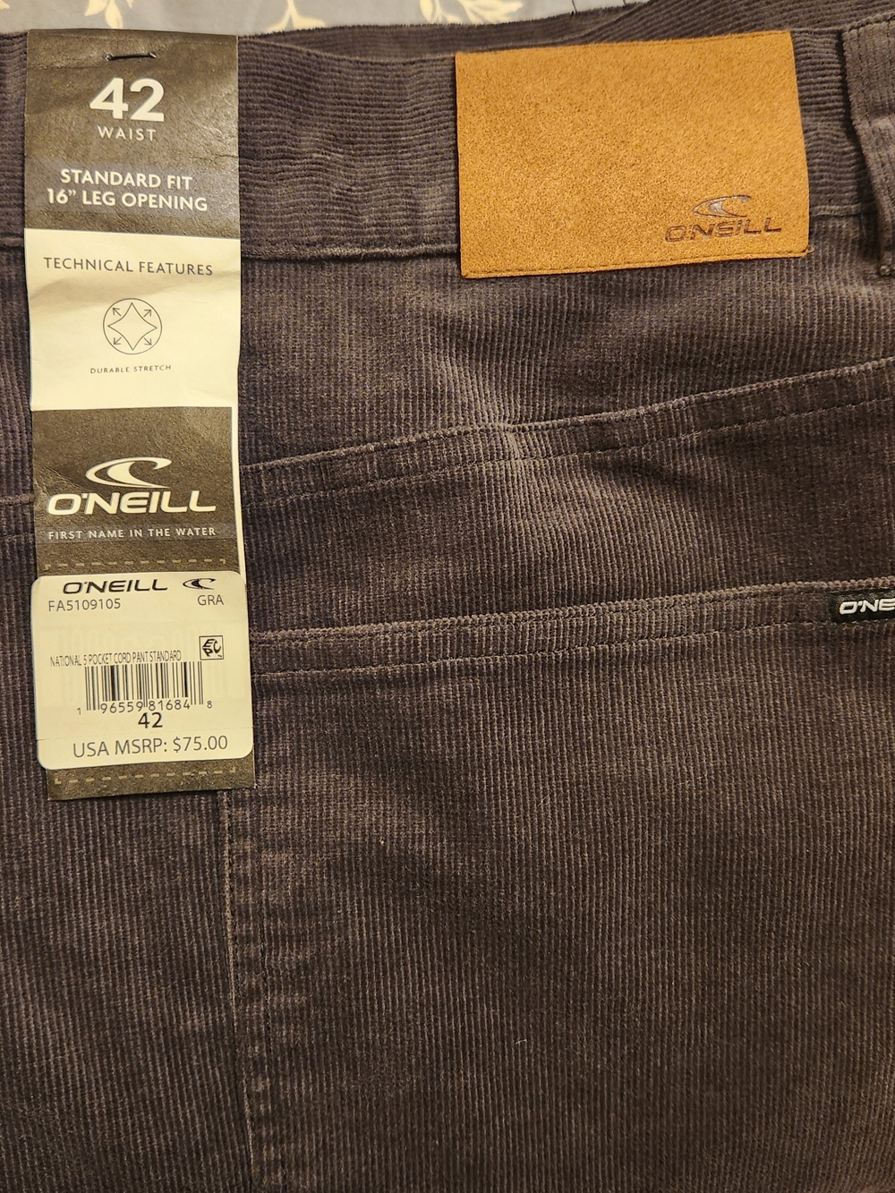O'Neill Men's Corduroy Pants Standard Size 42 Graphite Color SOLD OUT